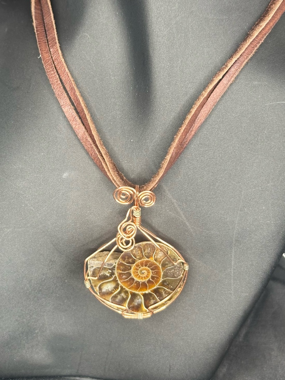 Ammonite Fossil Pendant Necklace Wire Wrapped Copper Tone Handmade Artisan Boho - Picture 3 of 8